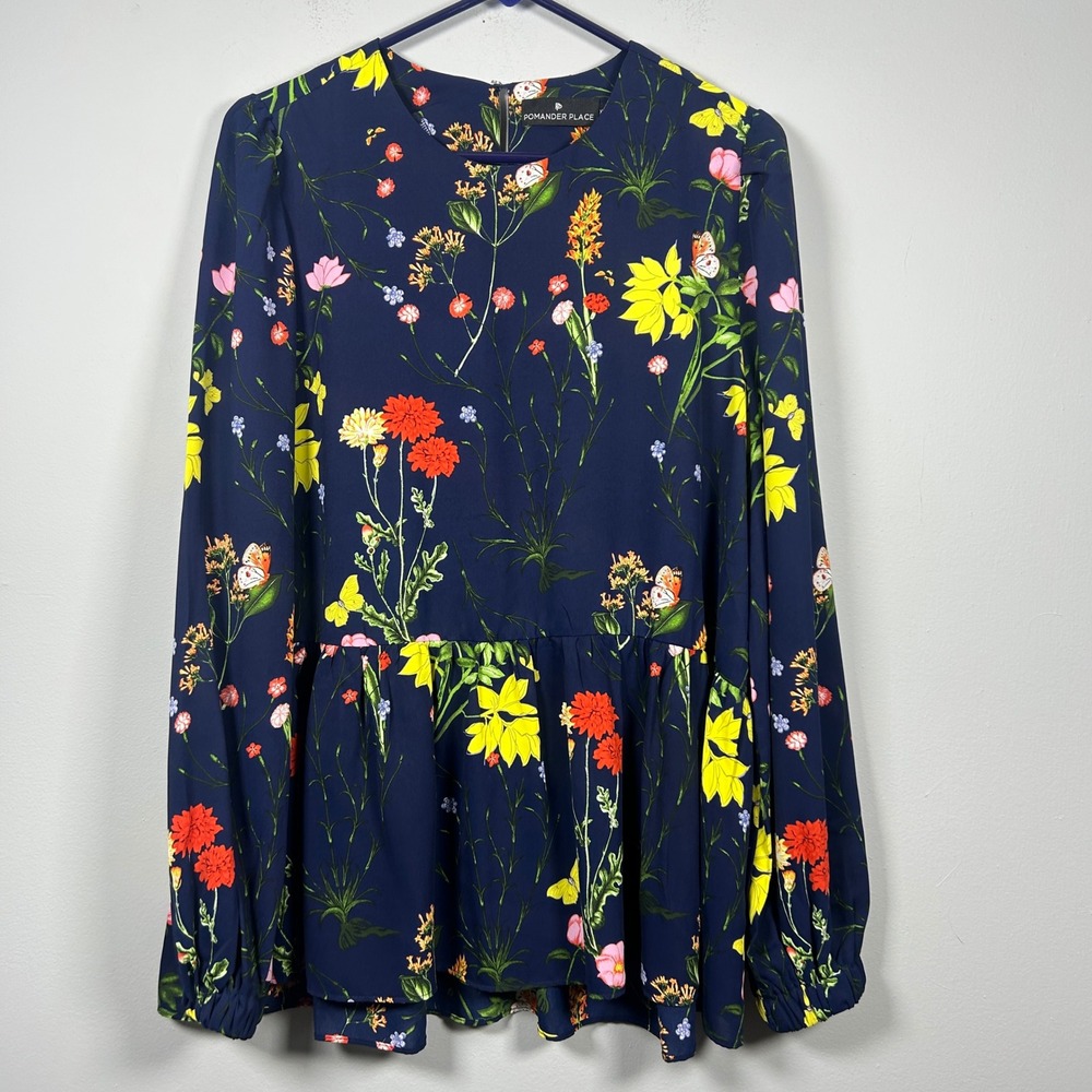 Pomander Place Tuckernuck Carlota Blouse Womens XL Navy Blue Floral Peplum Boho